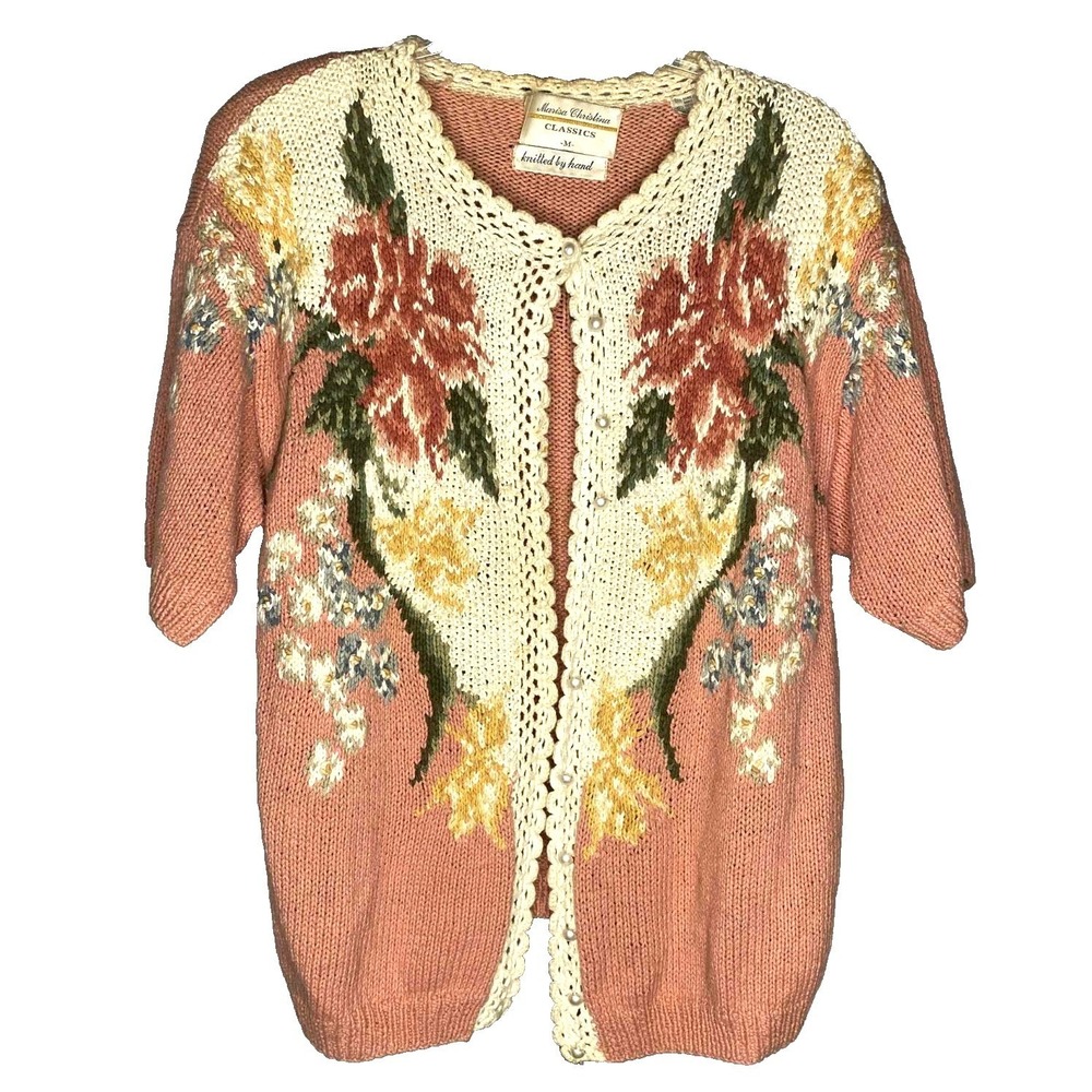 Cottagecore Marisa Christina Floral Knit Sweater size Medium crochet handmade